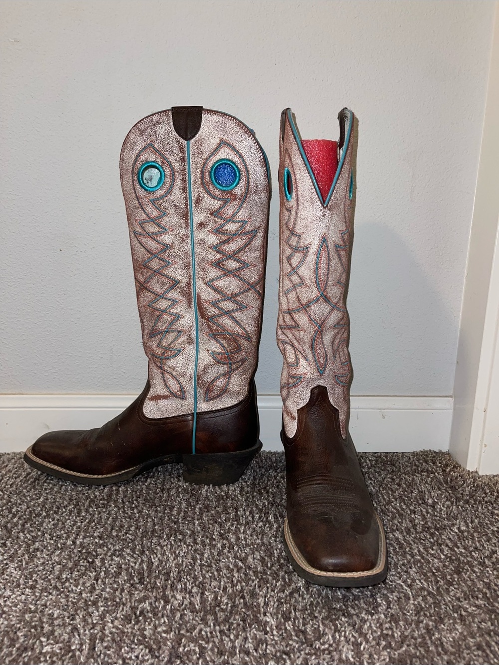 Ariat Brown Leather Foot with Pink and Turquoise Embroidered Shaft Boots